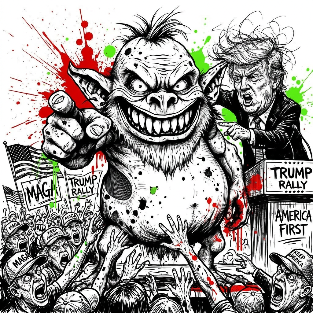 Trump rally pump featuring the same JUNCY character in a different scene