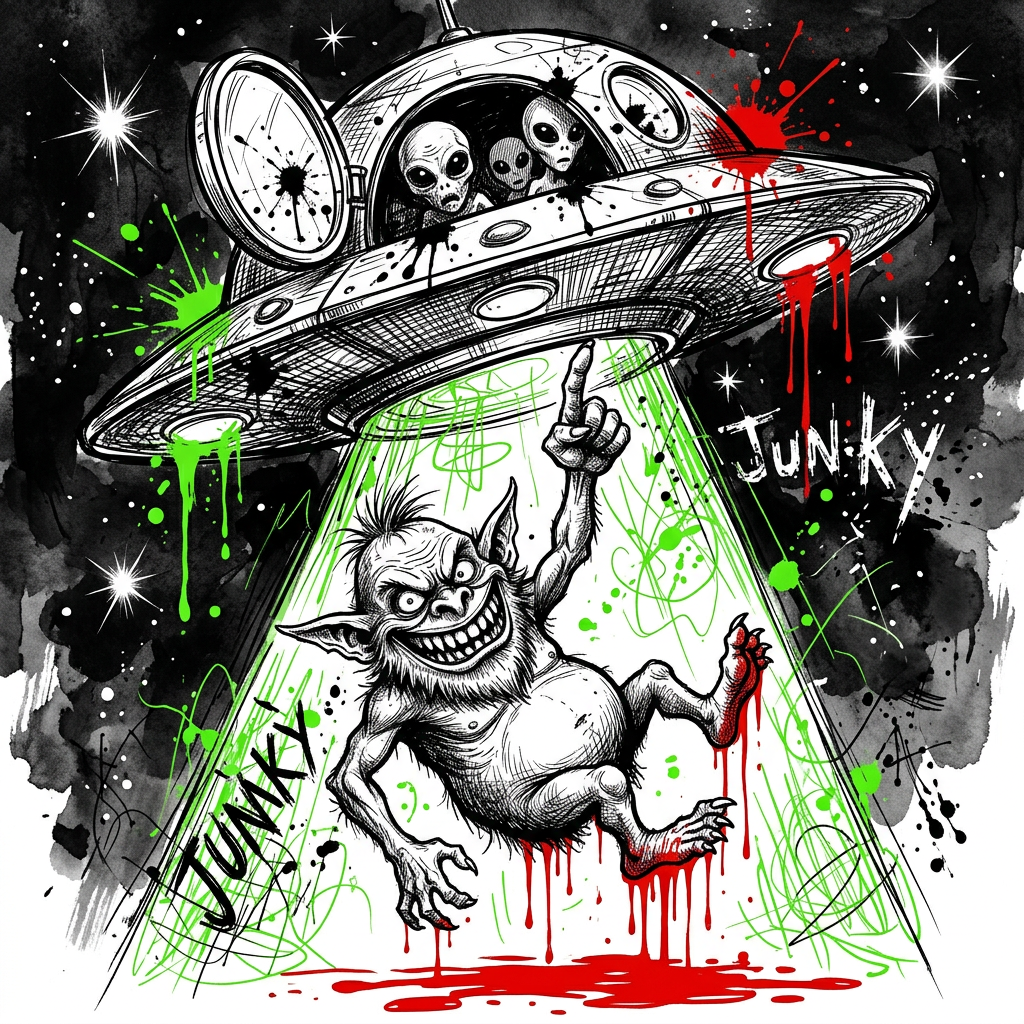 Alien abduction featuring the same JUNCY character in a different scene