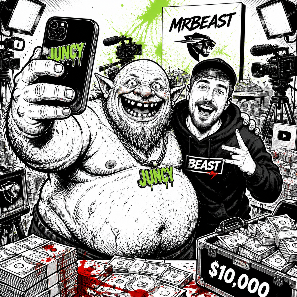 MrBeast junk selfie featuring the same JUNCY character in a different scene